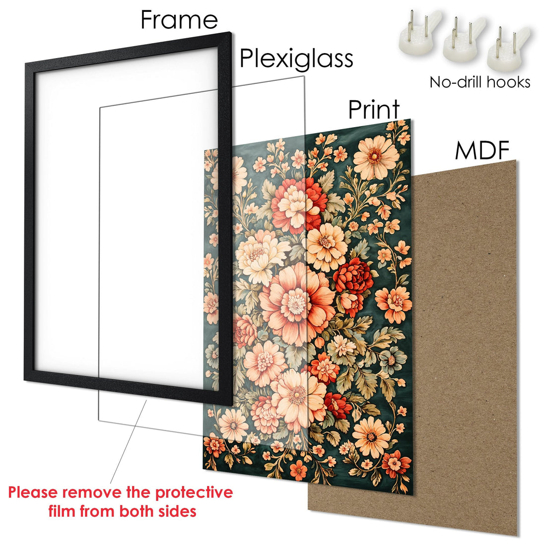Framed Poster featuring a floral design in a vintage style with a dark green and warm color palette. Perfect wall art for your home!