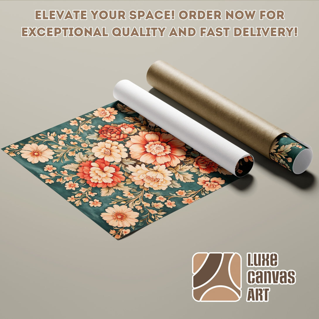 Floral Poster Roll with a vintage style and a teal, peach, and beige color palette. Order your art today!