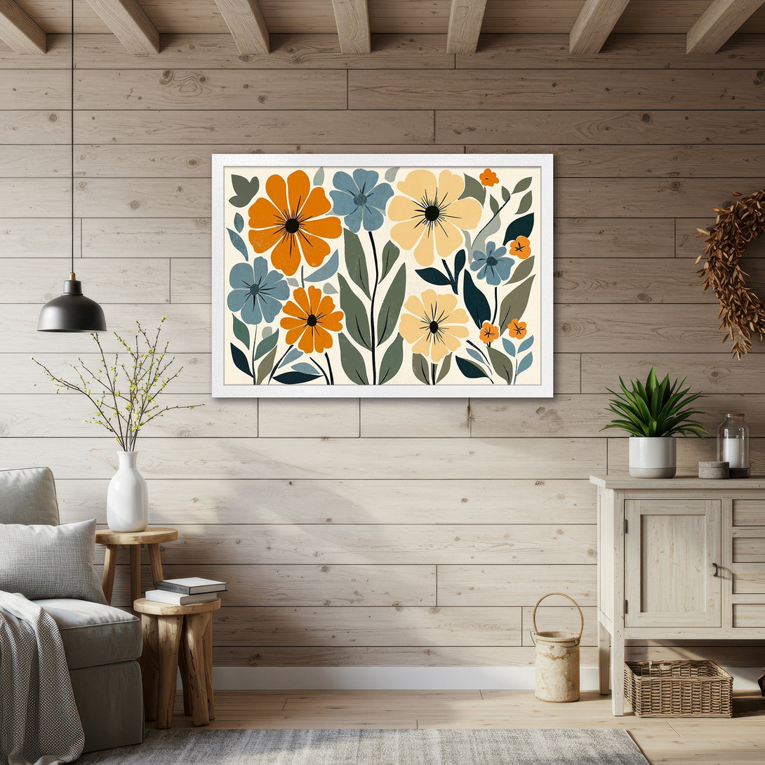 Framed Poster featuring floral art in a modern style with orange, blue, and yellow hues, perfect for home decor.