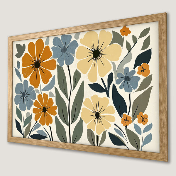 Framed Poster featuring a floral design in a mid-century modern style with a warm, earthy color palette. Perfect wall art!