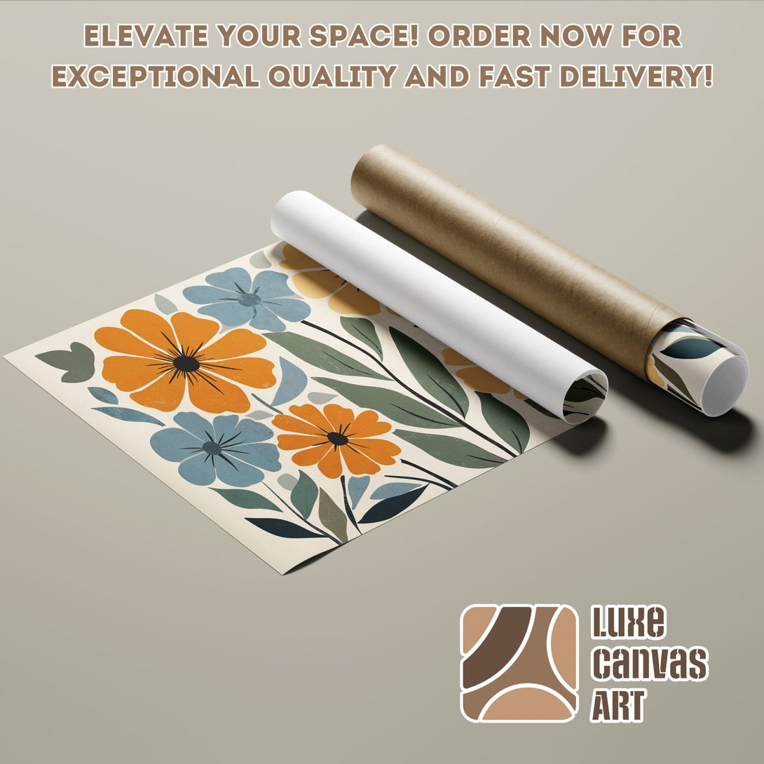 Floral Poster Roll in Mid-Century Modern Style. Orange, blue, and green color palette. Elevate your space today!