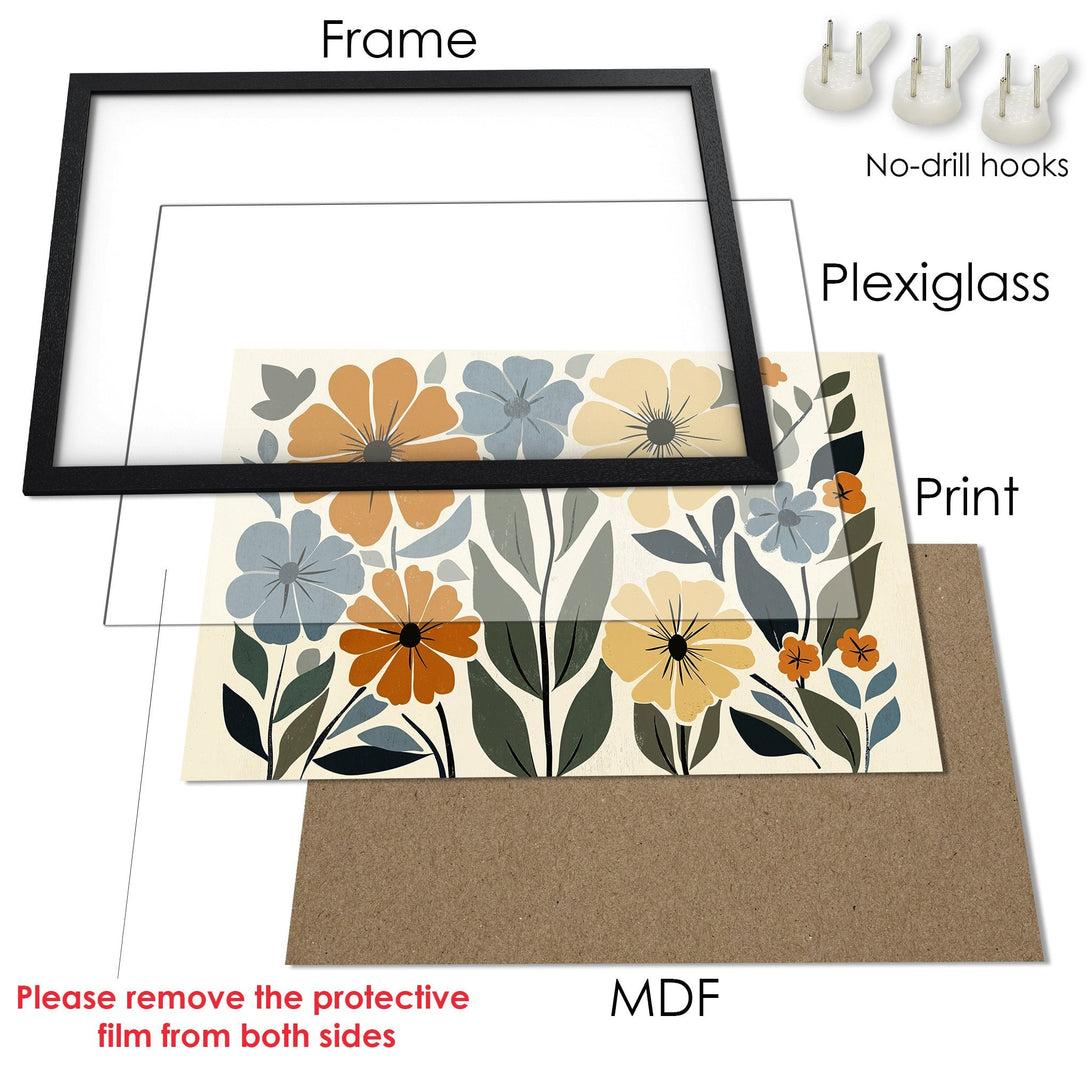 Framed Poster featuring floral artwork in a modern style with a warm color palette. Perfect wall art decor!