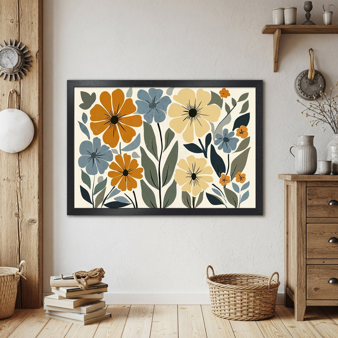 Framed Poster featuring a floral design in a retro style with a warm color palette of orange, blue, and yellow. Perfect wall art!