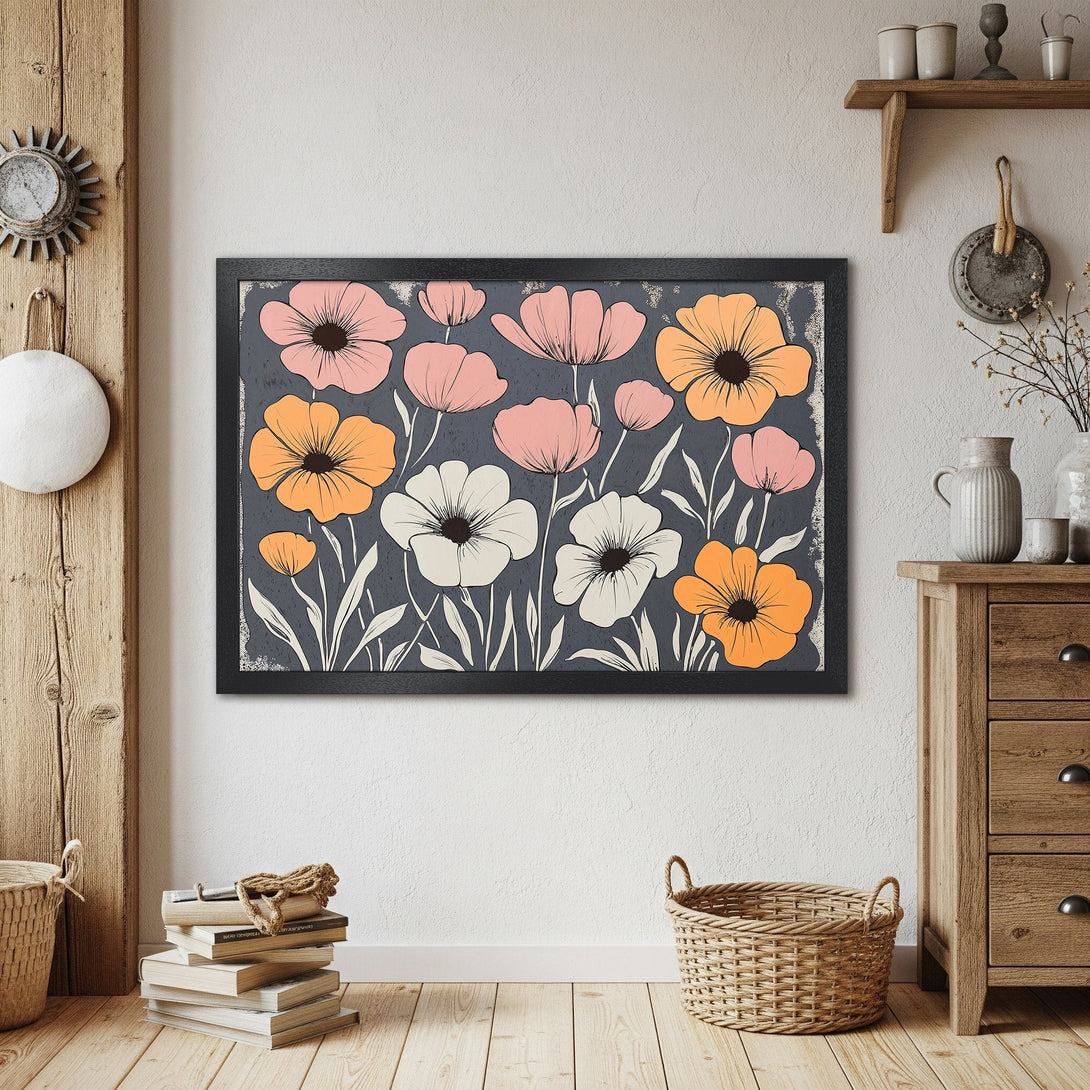 Framed Poster featuring floral art in a retro style with a muted color palette of pink, orange, and white. Perfect wall decor!
