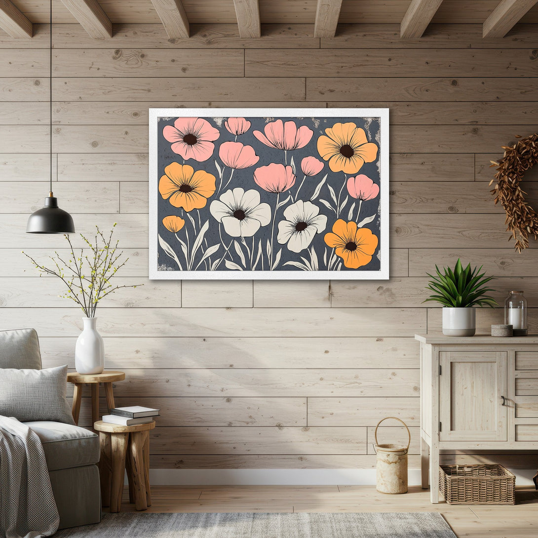 Framed Poster featuring floral art in a modern style with a pink, orange, and white color palette. Perfect wall decor!