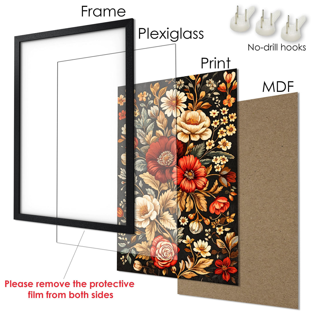 Framed Poster featuring floral art in a vintage style with a warm, earthy color palette. Perfect wall decor!