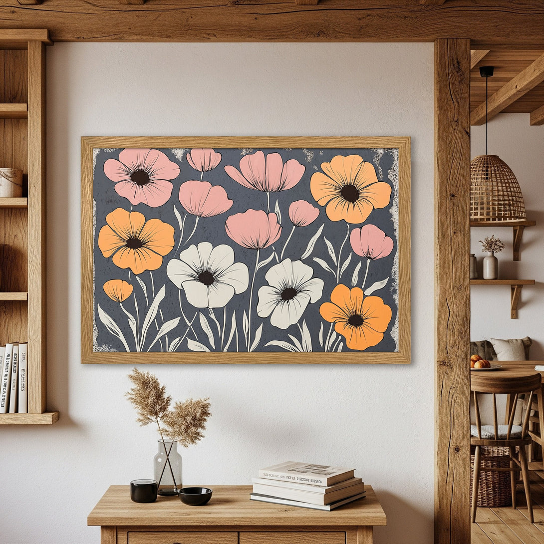 Framed Poster featuring floral art in a retro style with a soft, muted color palette of pink, orange, and white on a dark background.