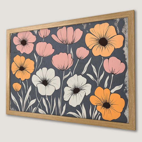 Framed Poster featuring stylized floral art in a retro style with a muted color palette of pink, orange, and gray. Perfect wall decor!