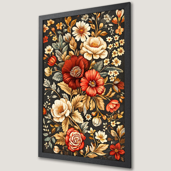 Framed Poster featuring a vibrant floral design with red, gold, and cream blooms on a dark background. Perfect wall art!