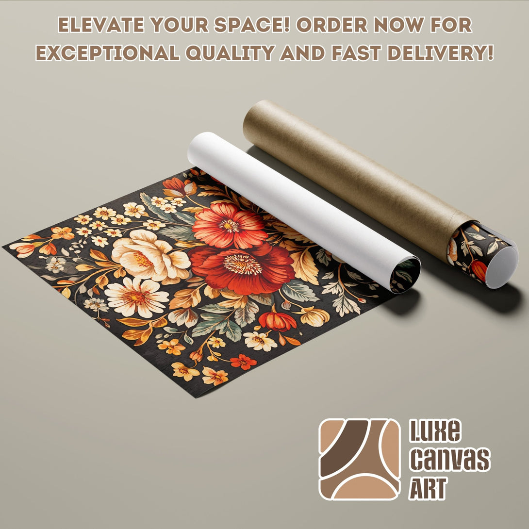 Poster Roll featuring a floral design with a dark background and warm color palette. Elevate your space with Luxe Canvas Art!