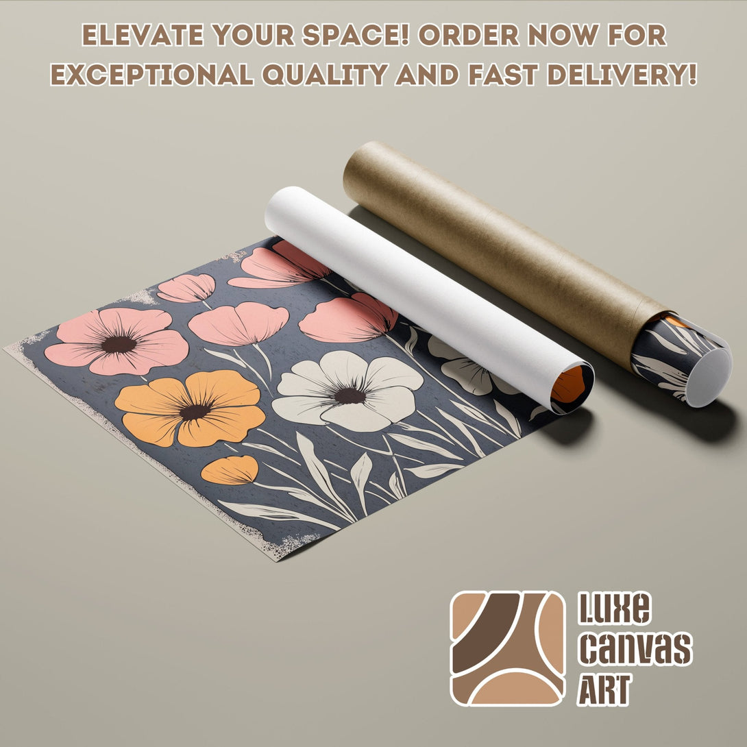 Floral Poster Roll in retro style, featuring a blue, pink, and orange color palette. Order now!