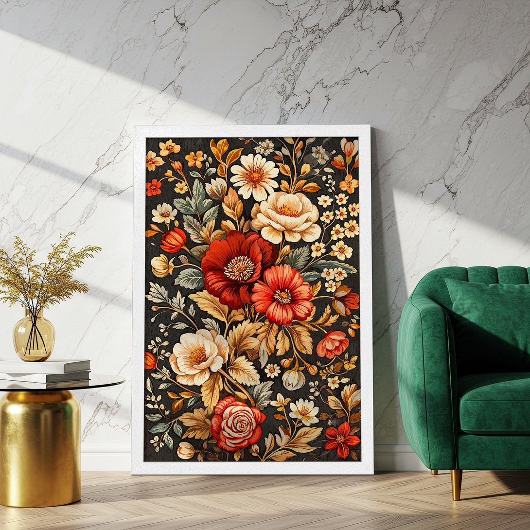 Framed Poster featuring a floral design. Vintage style with a warm, inviting color palette of reds, oranges, and creams. Perfect wall art!