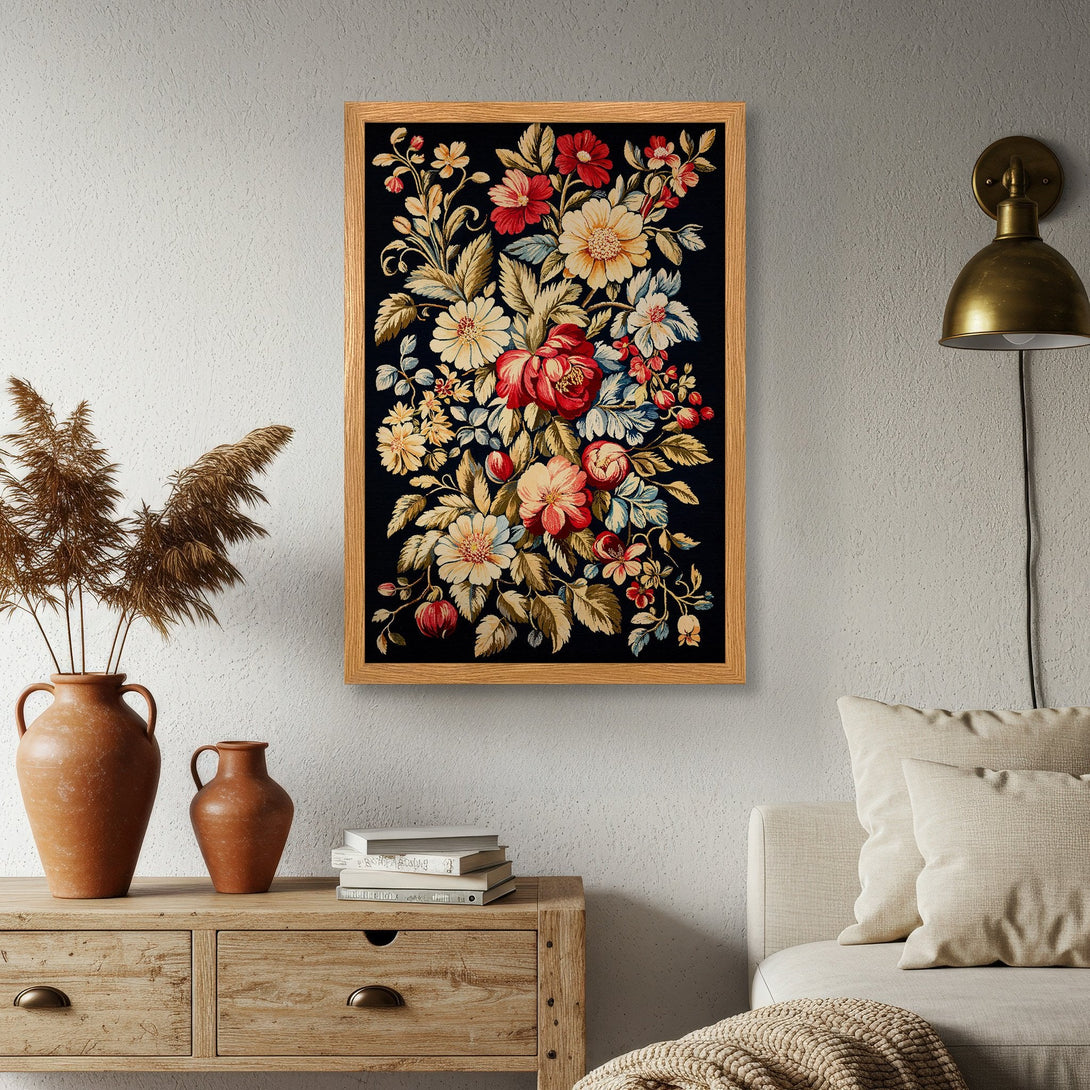 Framed Poster featuring a vibrant floral design in a classic style with a rich, warm color palette. Perfect wall art!