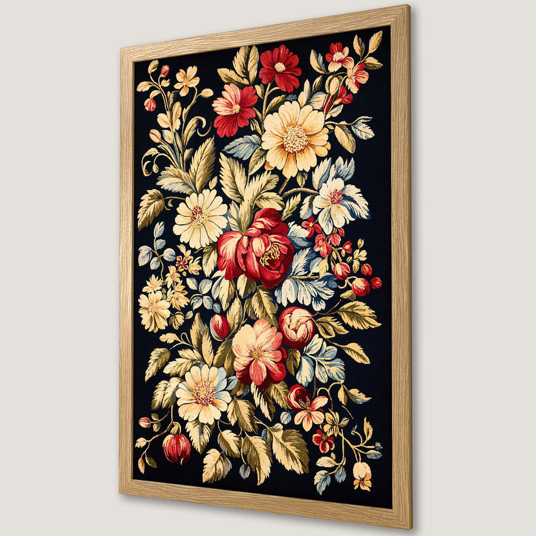 Framed Poster featuring a vibrant floral design in a classic style with a dark blue background and a warm color palette.