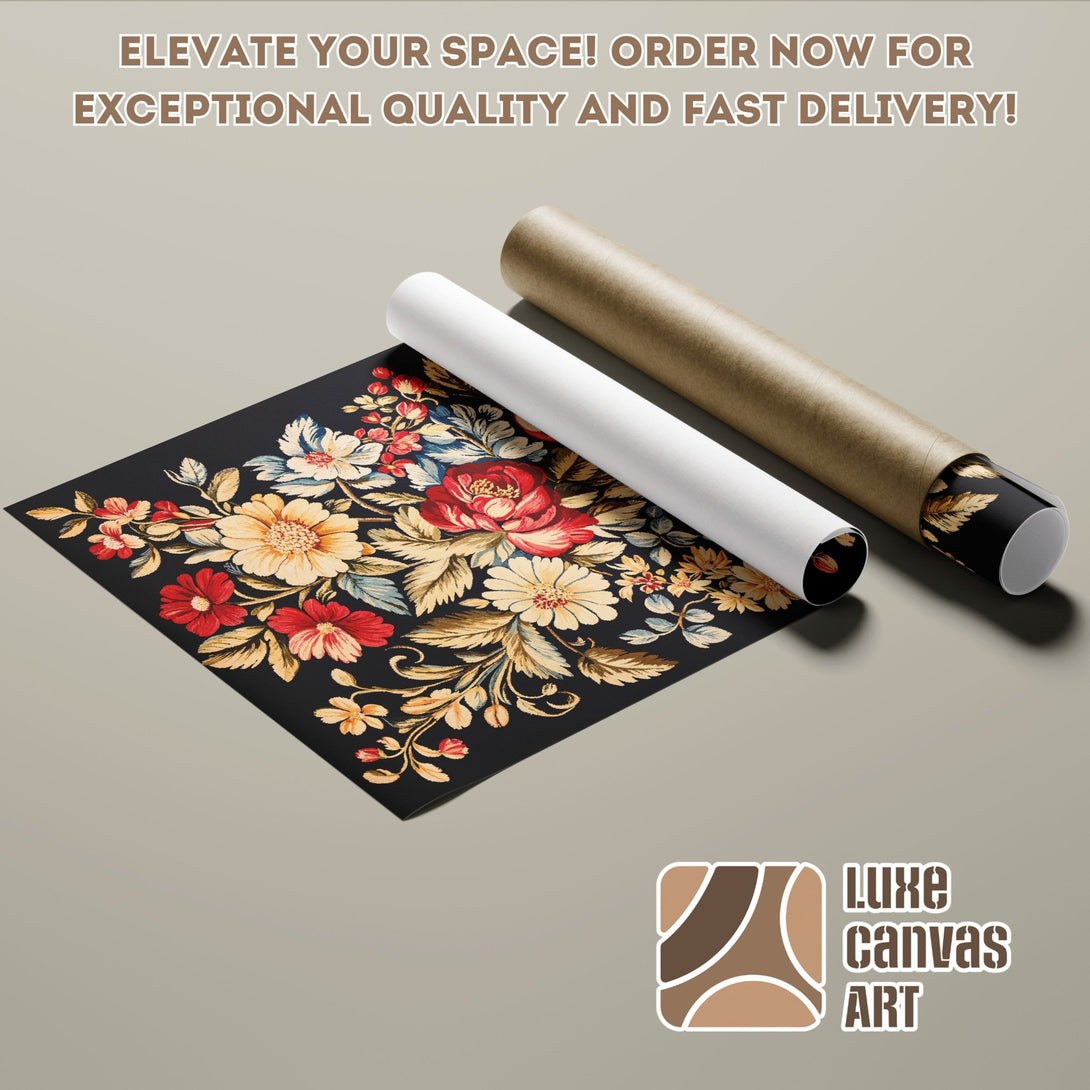 Floral Poster Roll with a vintage style and a black, red, and gold color palette. Elevate your space with Luxe Canvas Art!