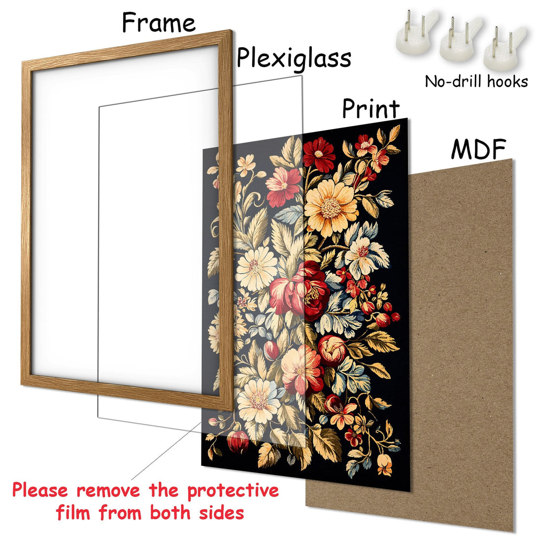 Framed Poster featuring floral art in a vintage style with a dark background and warm color palette. Perfect wall decor!