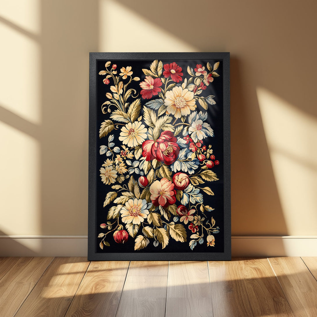 Framed Poster featuring a floral design in a vintage style with a dark background and a warm color palette. Perfect wall decor!