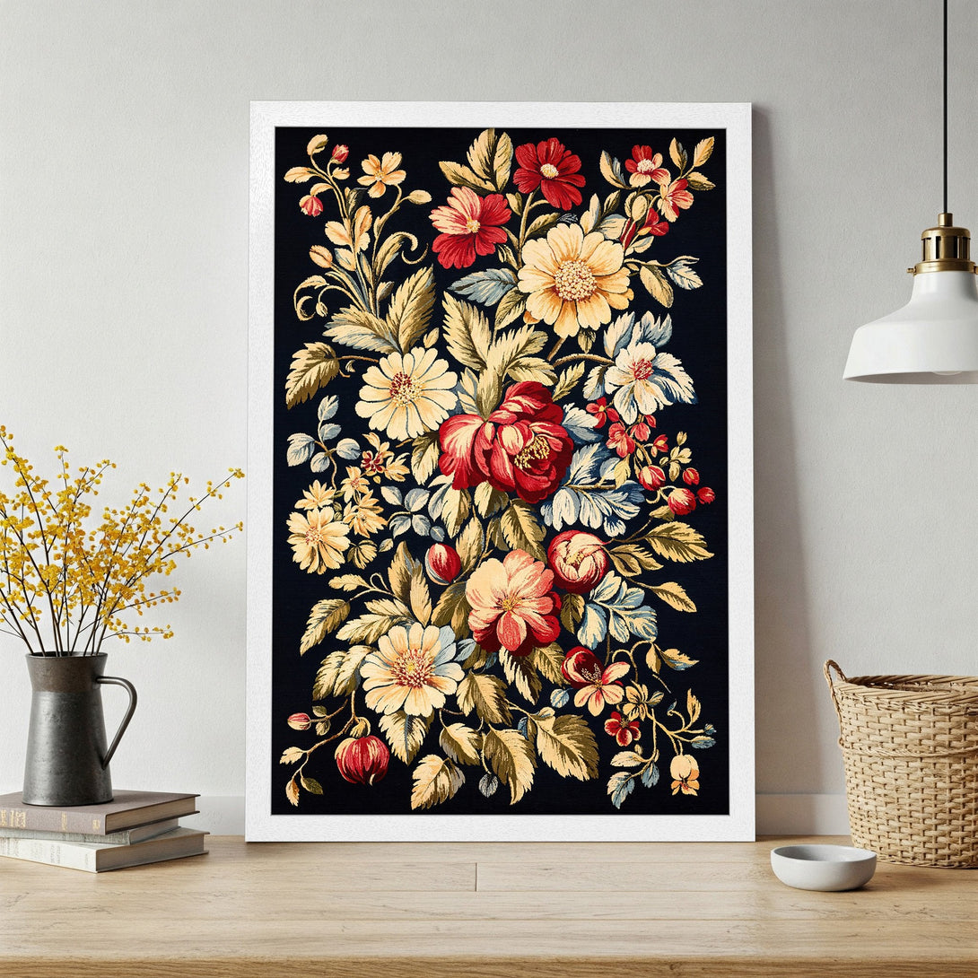 Framed Poster featuring a floral design in a vintage style with a dark background and a warm color palette. Perfect wall art!