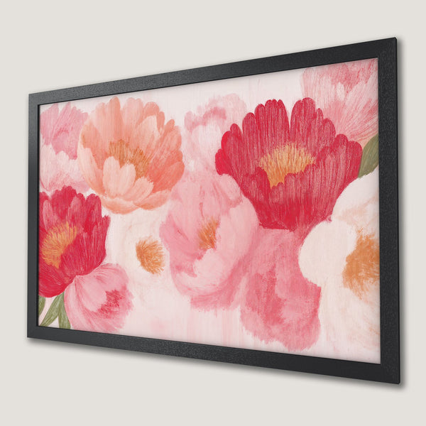 Framed Poster featuring vibrant floral art in a painterly style with a warm pink and red color palette.