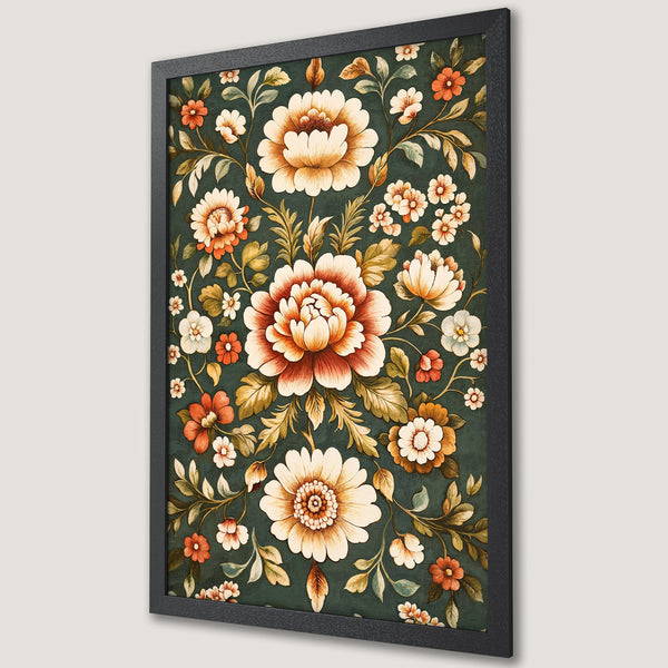 Framed Poster featuring a floral design with a vintage style and a rich color palette of green, orange, and cream.