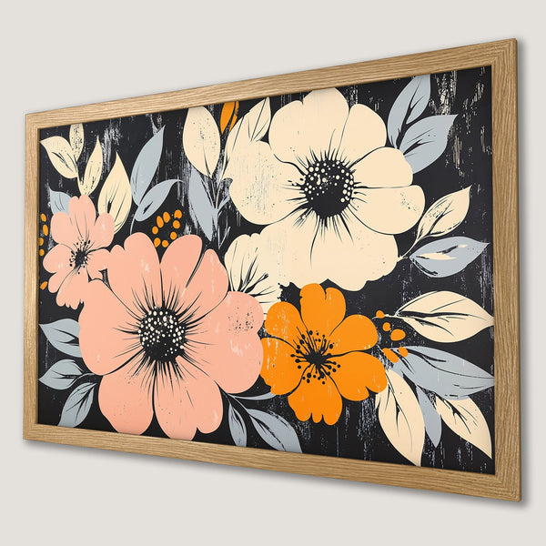 Framed Poster featuring floral art in a retro style. Peach, orange, and cream flowers on a black background. Perfect wall decor!