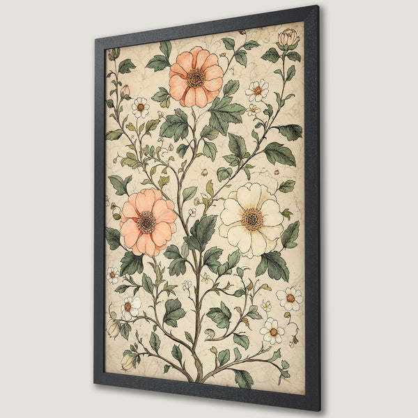 Framed Poster featuring botanical illustration with peach, green, and cream color palette. Perfect floral wall art.