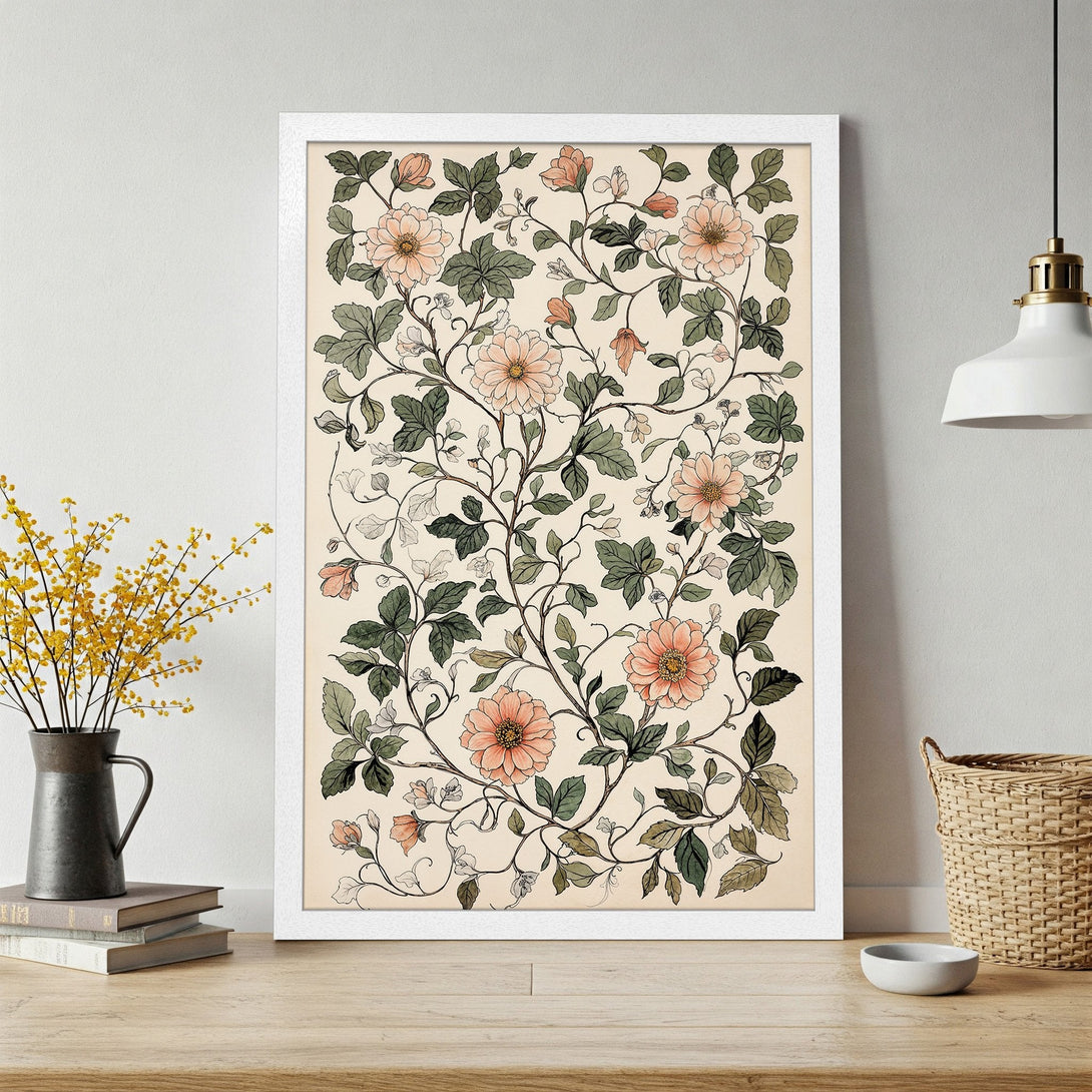 Framed Poster featuring floral design in vintage style with peach, green, and cream color palette. Perfect wall art for your home!