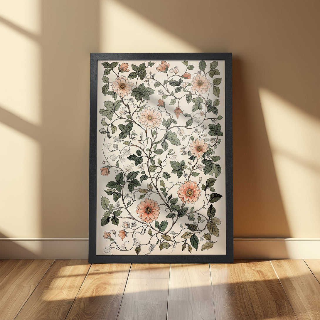 Framed Poster featuring floral botanical art in a vintage style with a soft peach and green color palette, perfect for home decor.