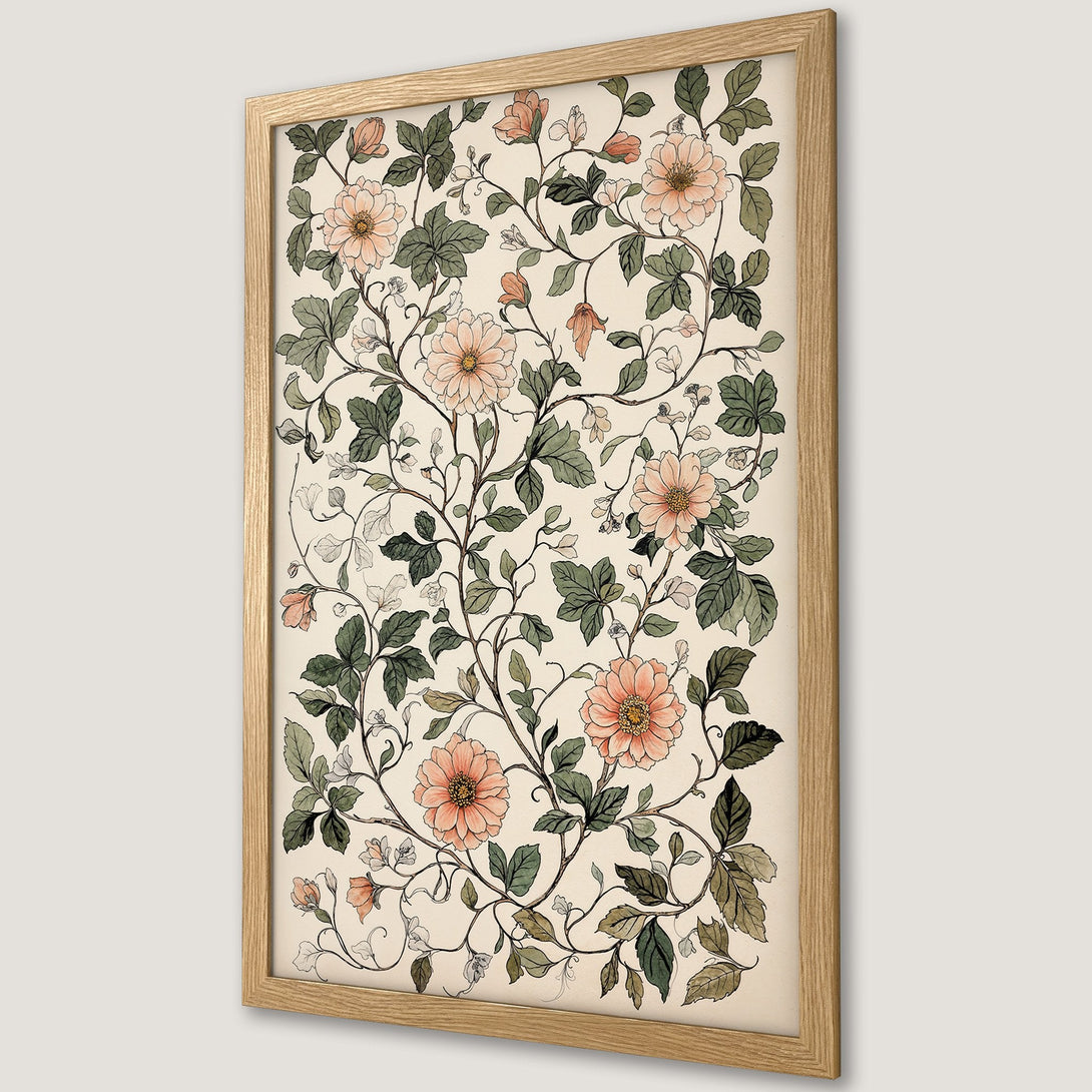Framed Poster featuring botanical illustration of peach flowers and green foliage on a cream background. Vintage style art print.
