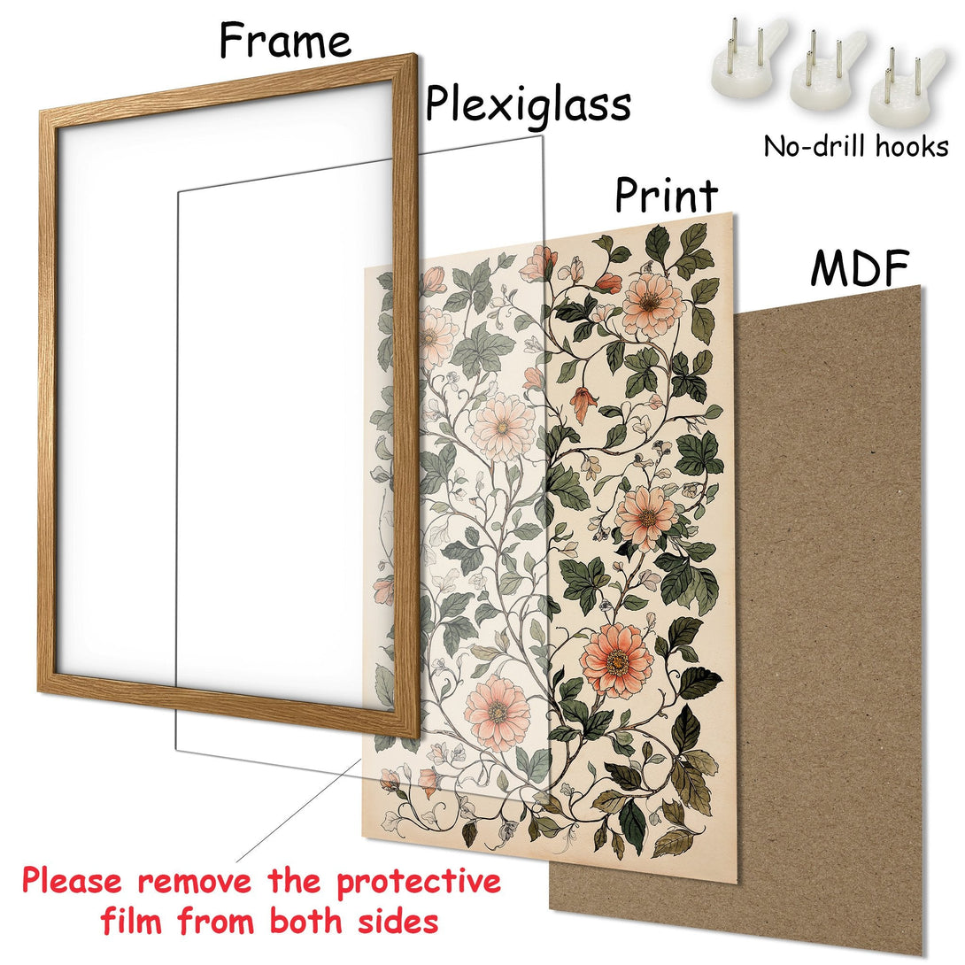 Framed Poster with floral design. Vintage style, neutral tones with pops of peach. Ready to hang art for your home!