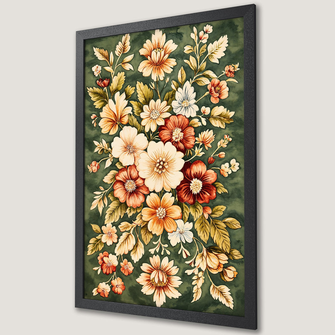 Framed Poster featuring watercolor floral art. Earthy tones of orange, red, and green create a vintage aesthetic. Perfect wall decor for any space!