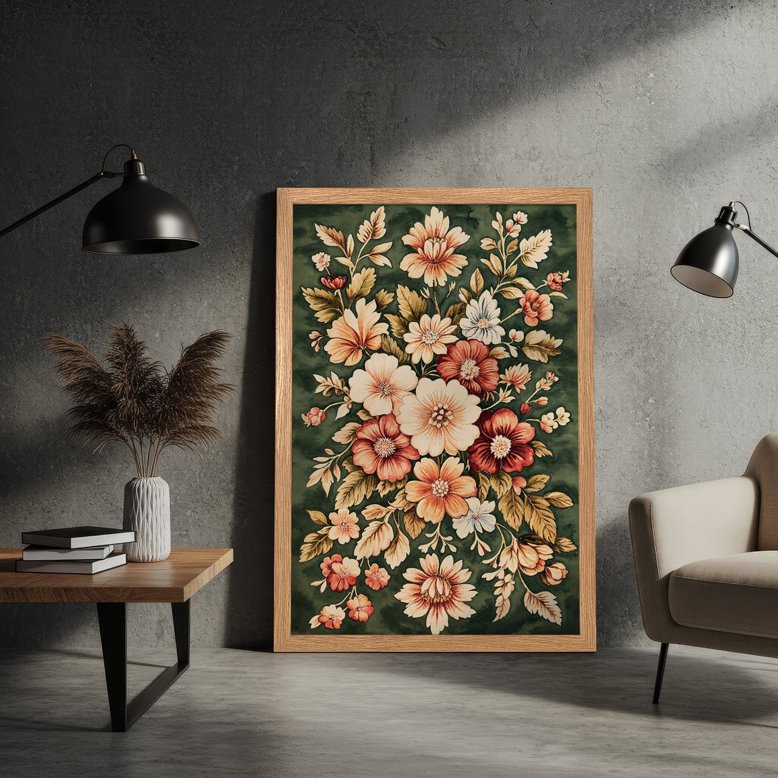 Framed Poster featuring a floral design in a vintage style with a green, peach, and cream color palette. Perfect wall art!
