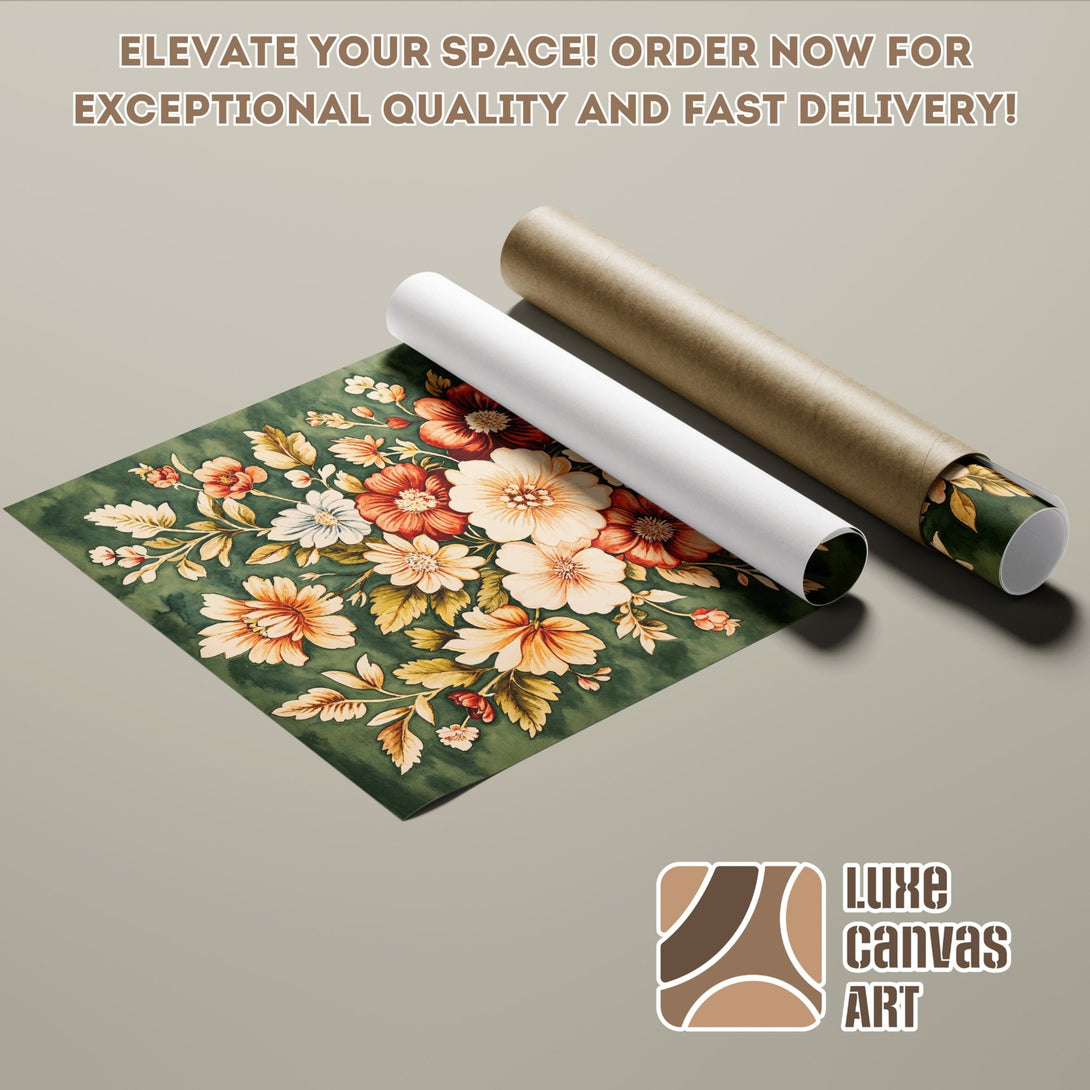 Floral Poster Roll art print in watercolor style with a green, orange, and beige color palette. Elevate your space!
