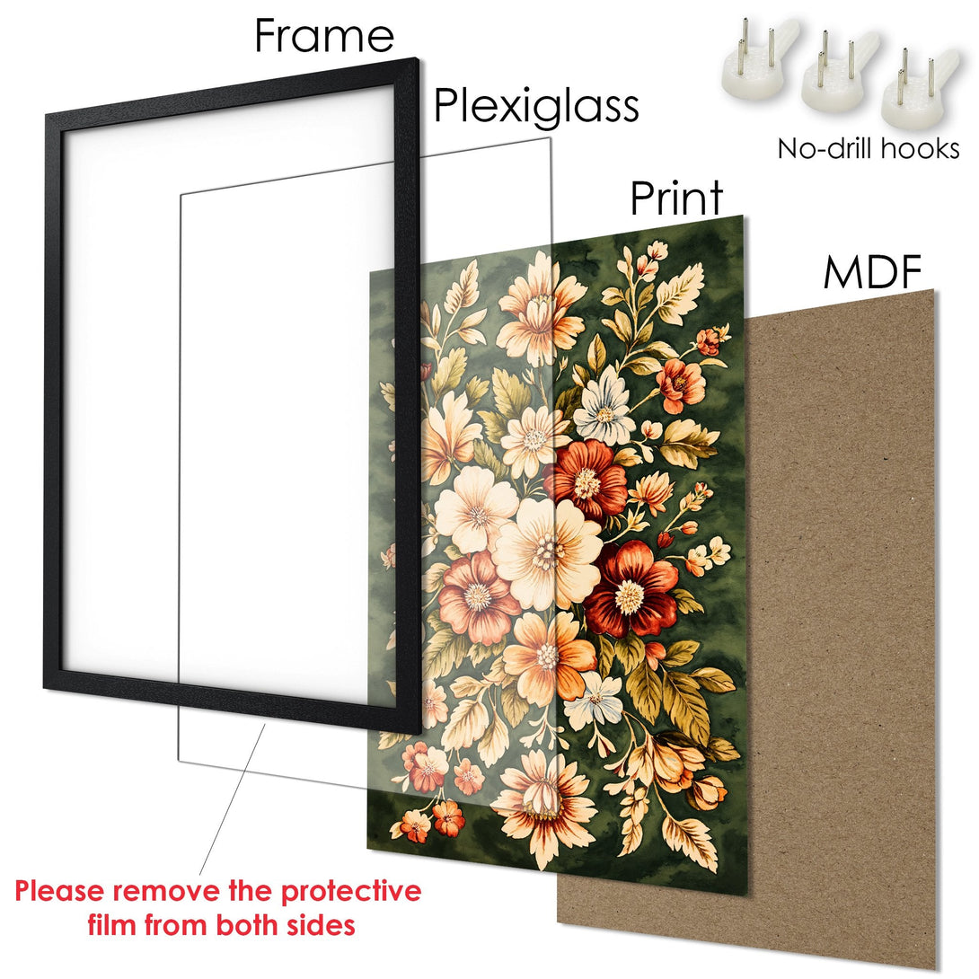 Framed Poster featuring floral artwork in warm tones against a dark green background. Adds elegance to any space!
