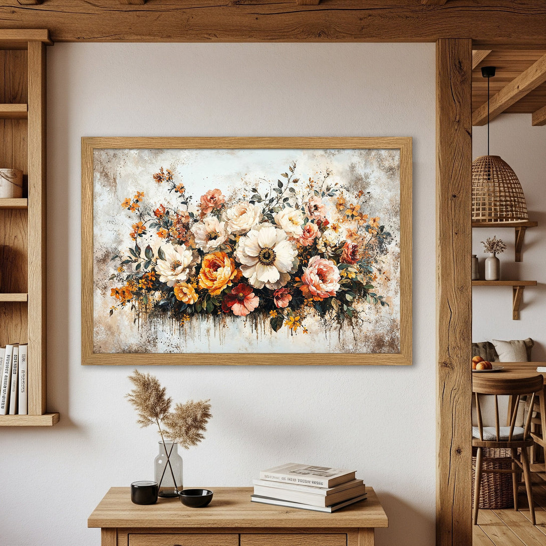 Framed Poster featuring a floral watercolor painting in warm tones. Perfect wall art for a cozy, inviting space.