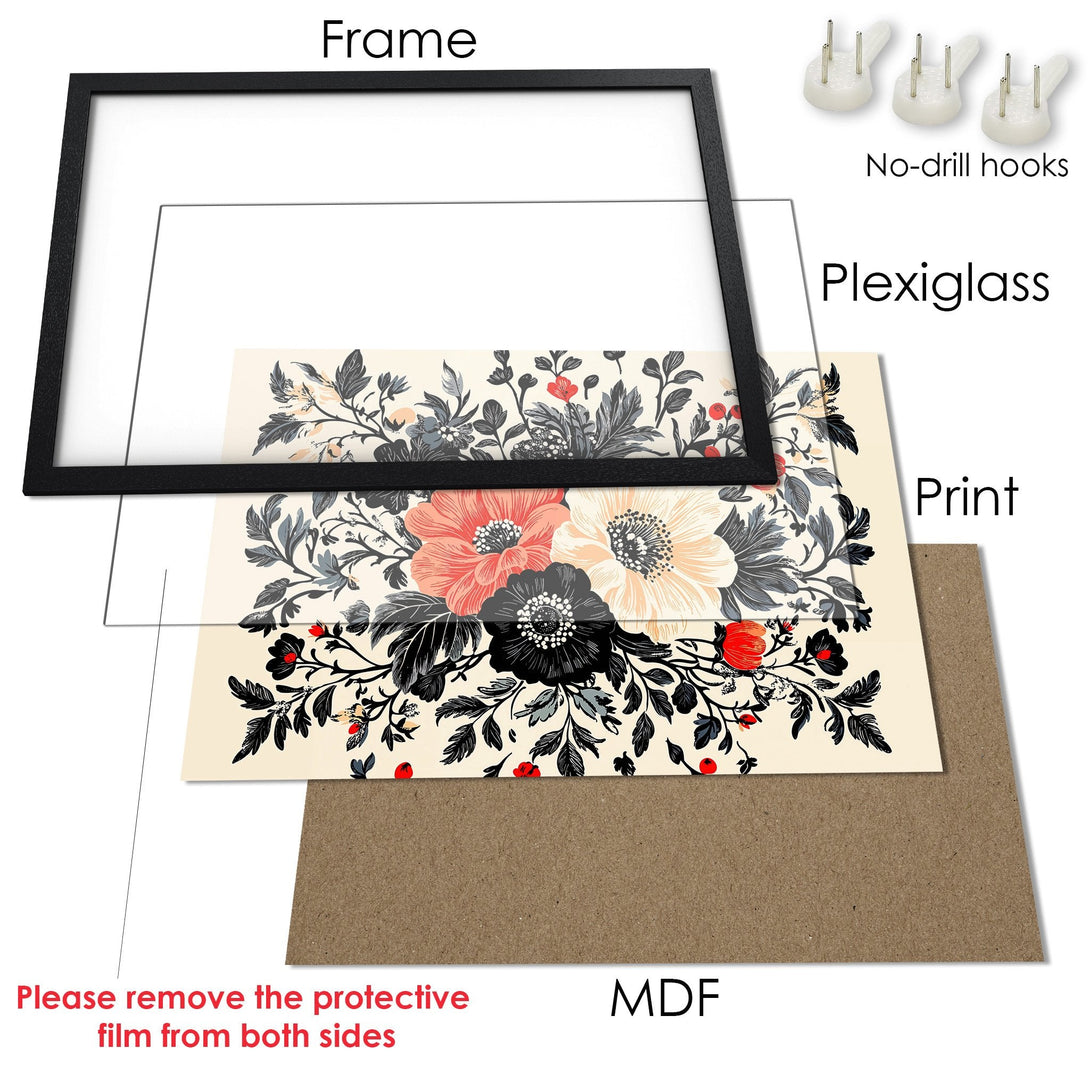 Framed Poster with floral design in muted tones. Stylish botanical art print for home decor. Includes frame, plexiglass, and hanging hardware.