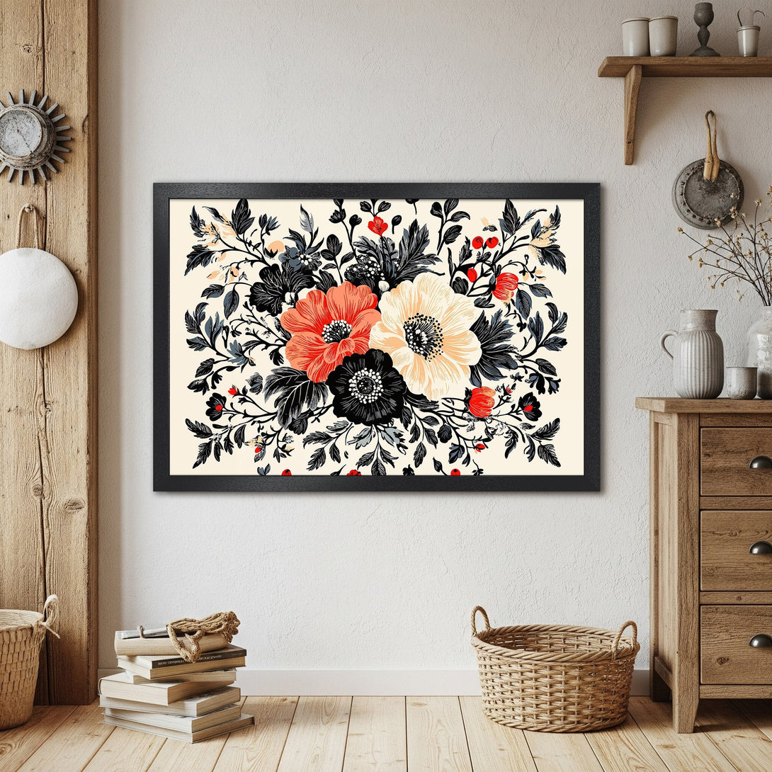 Framed Poster featuring floral art in a vintage style. Color palette: black, coral, cream, and gray. Perfect wall decor!