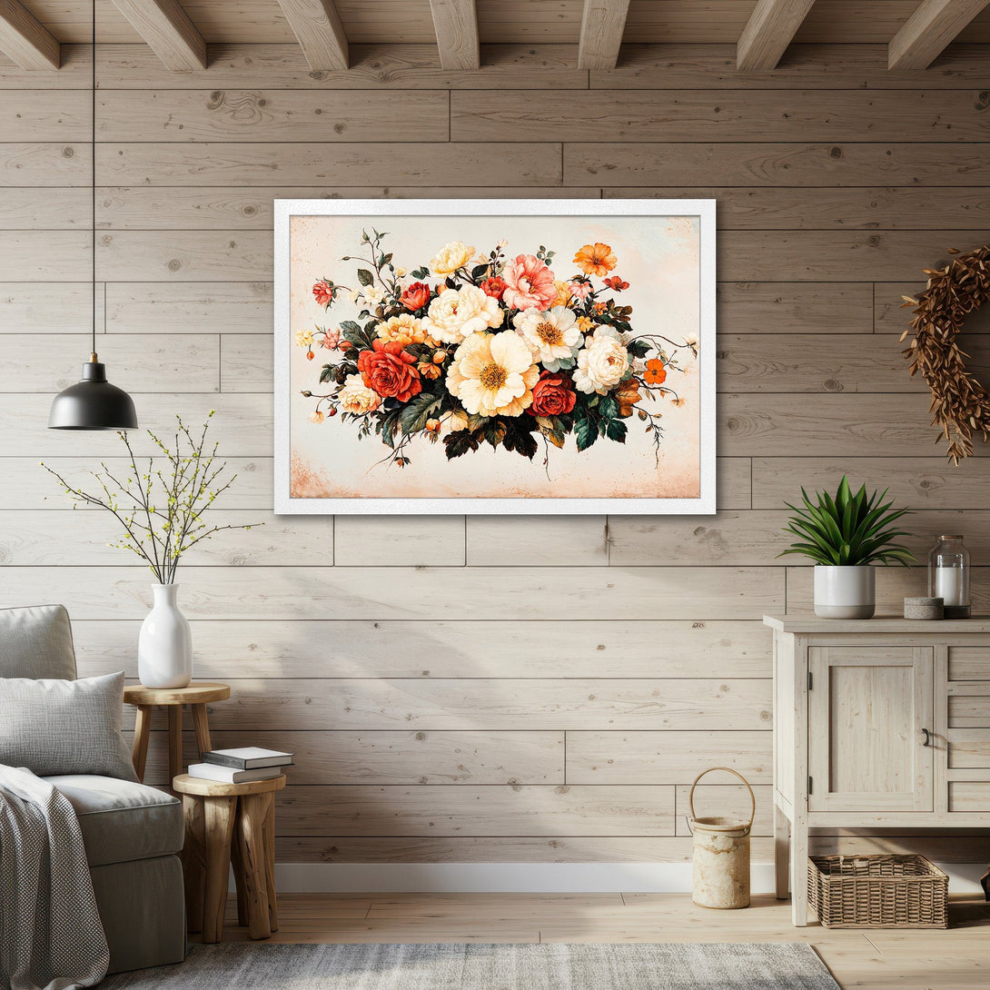 Framed Poster featuring a vibrant floral bouquet in a vintage style with warm, inviting colors. Perfect wall art for any home.