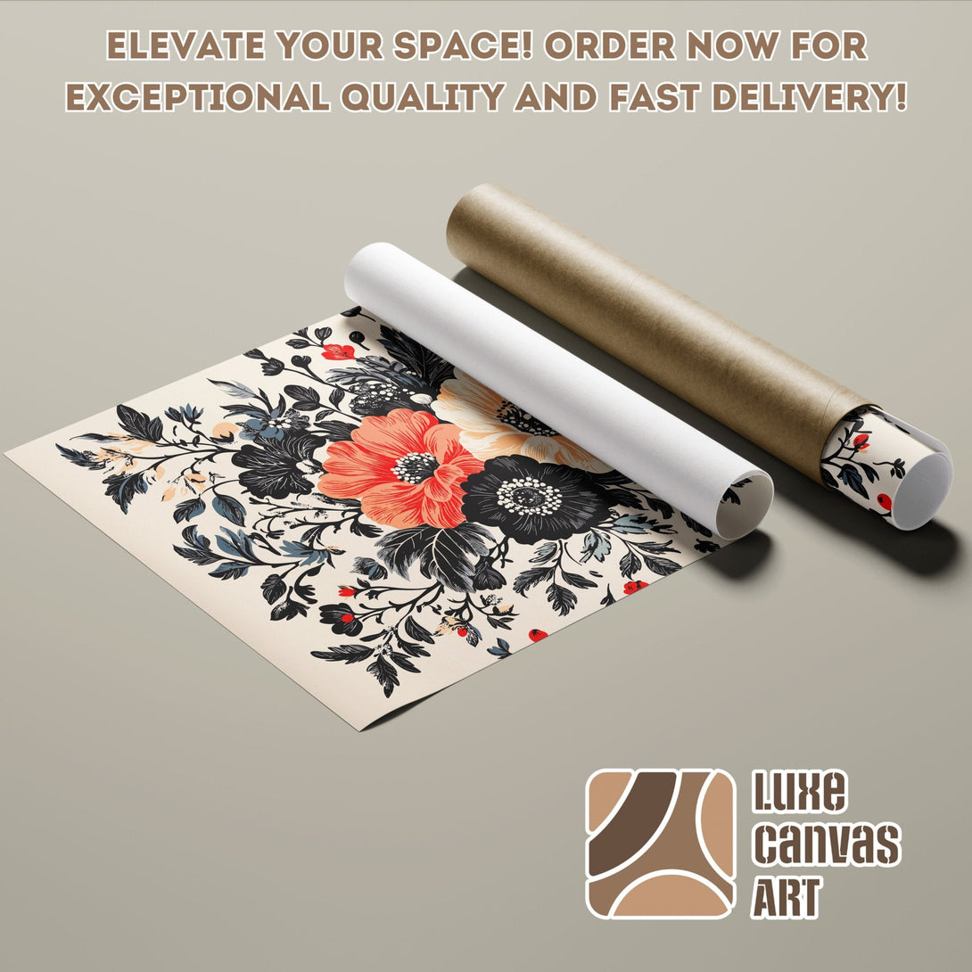 Floral Poster Roll with a modern style and a cream, black, and coral color palette.