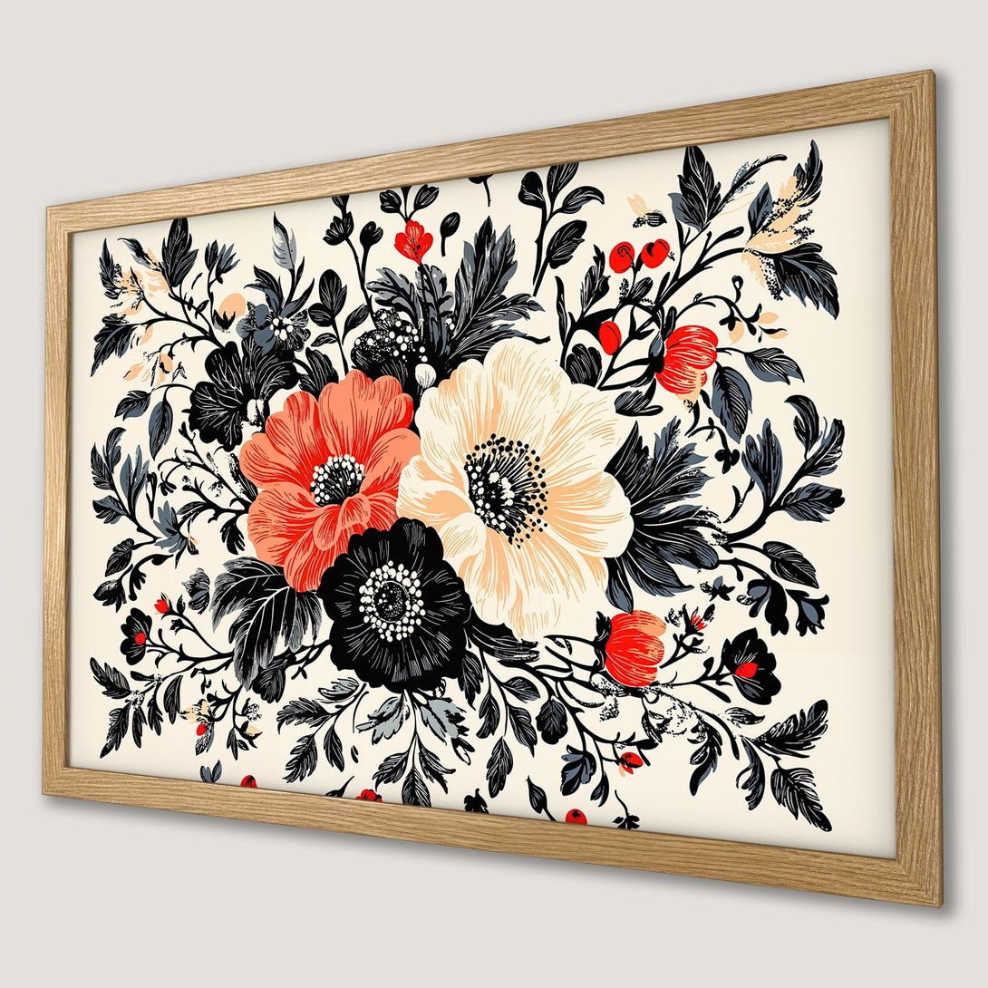 Framed Poster featuring a floral design with red, black, and cream colors. Perfect wall art for a stylish home.