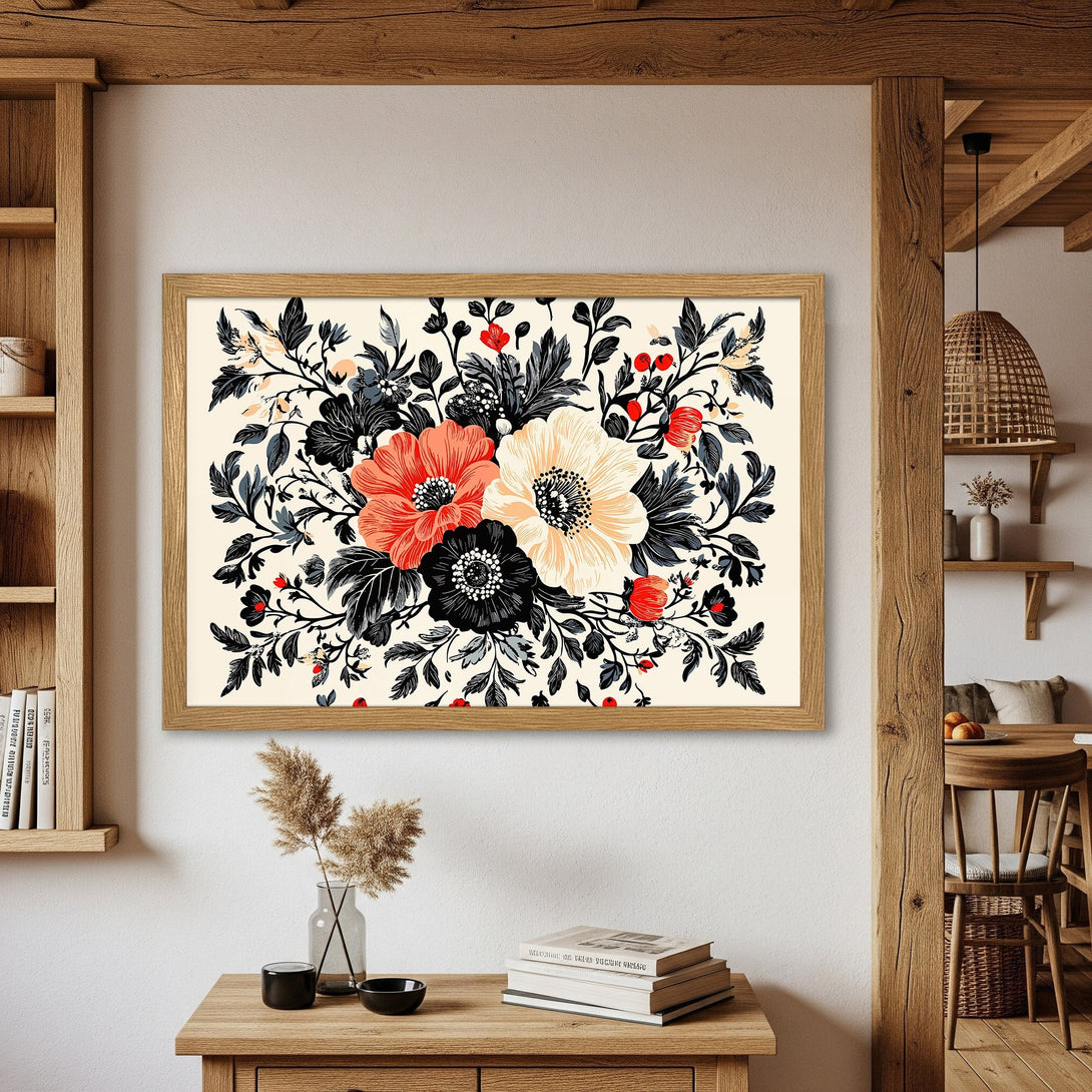 Framed Poster featuring floral art in a vintage style with a neutral color palette of red, black, and cream. Perfect wall decor!