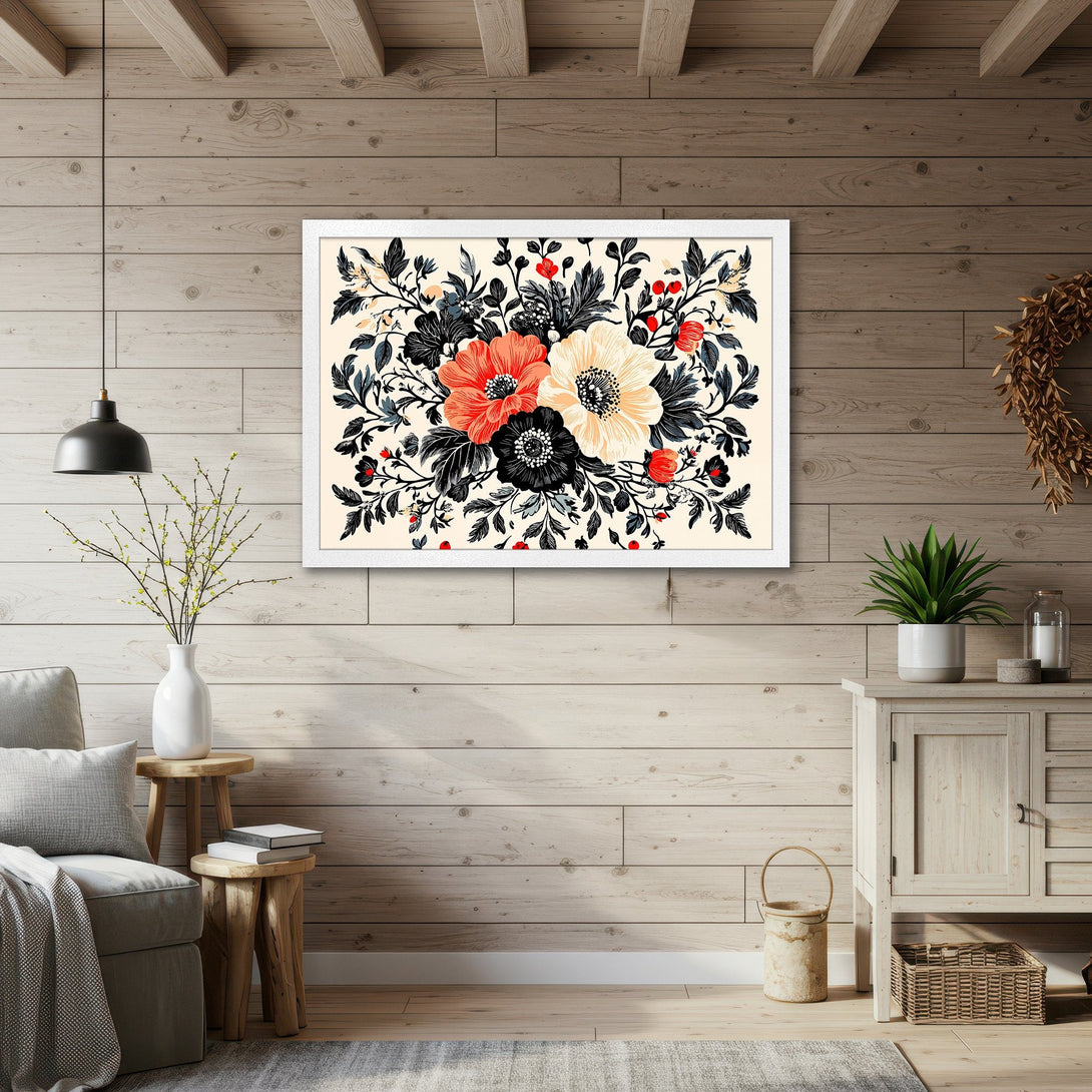 Framed Poster featuring floral art in a vintage style. The color palette includes red, black, and cream. Perfect for adding a touch of elegance.