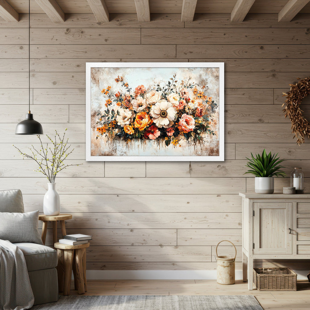 Framed Poster featuring a floral watercolor painting. Warm color palette with orange, peach, and white blooms. Perfect wall art for your home.