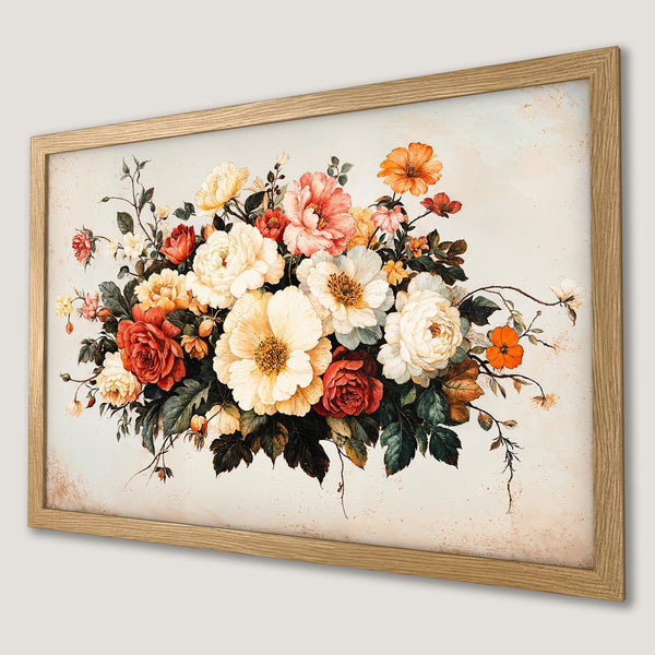 Framed Poster featuring a vintage-style floral bouquet in warm, earthy tones. Perfect for adding a touch of elegance to your space.