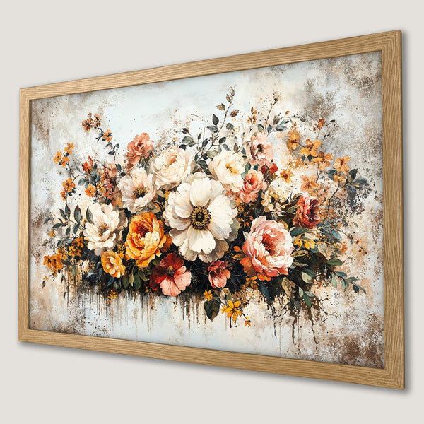 Framed Poster featuring a floral watercolor painting. Warm color palette of orange, red, and white flowers. Perfect wall art!