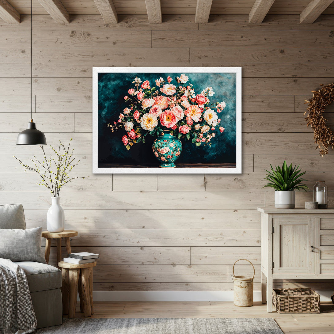 Framed Poster featuring a floral still life in a teal and peach color palette. Perfect for adding a touch of elegance to your home decor.