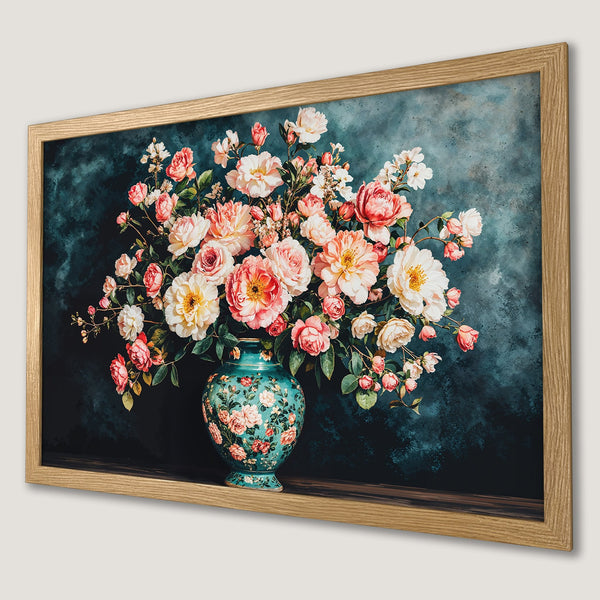 Framed Poster featuring a floral still life in watercolor style with a teal and pink color palette.