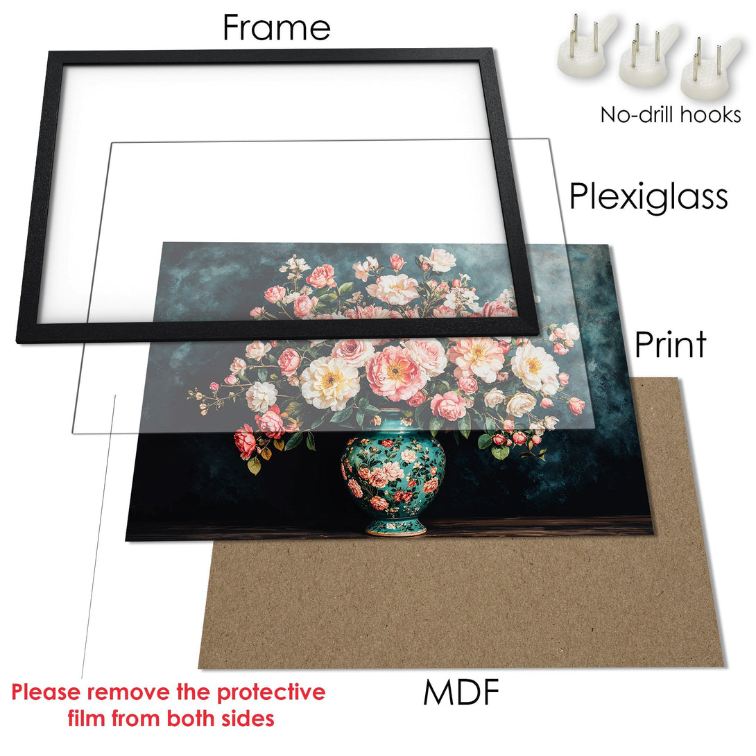Framed Poster featuring a floral still life in a dark, moody style with pink and teal tones. Elevate your space with this art print!