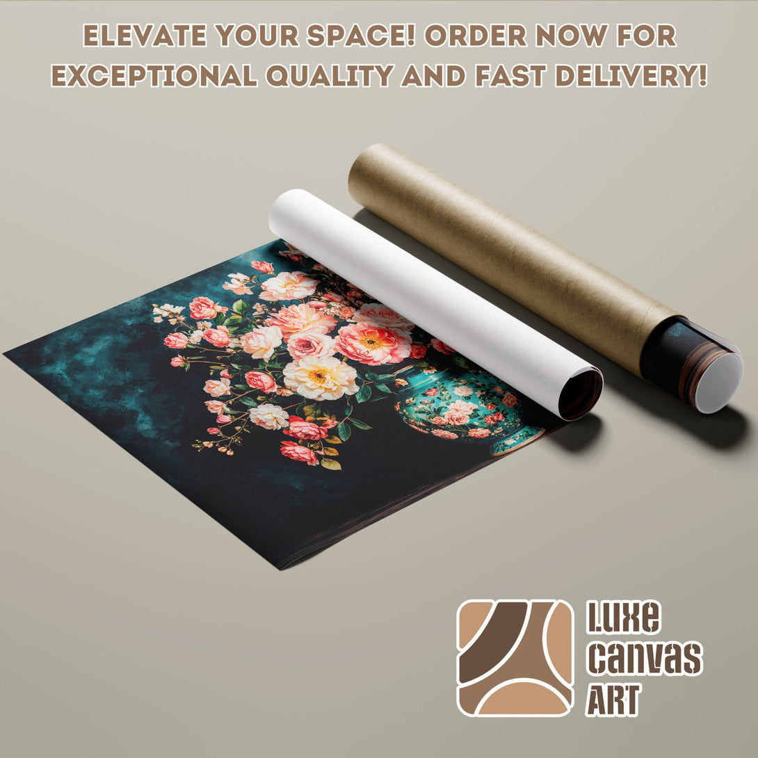 Floral Poster Roll in teal, pink, and cream. Elevate your space with Luxe Canvas Art!