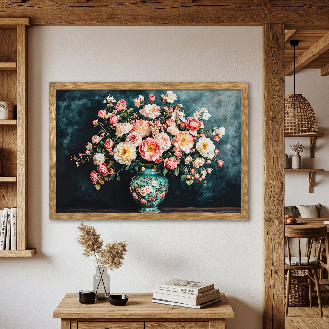 Framed Poster featuring a floral still life. Romantic, painterly style with a teal and blush color palette. Perfect wall art for your home!